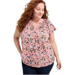Style & Co Floral Pink Print Flutter Sleeve Women's Top 2X Plus Size